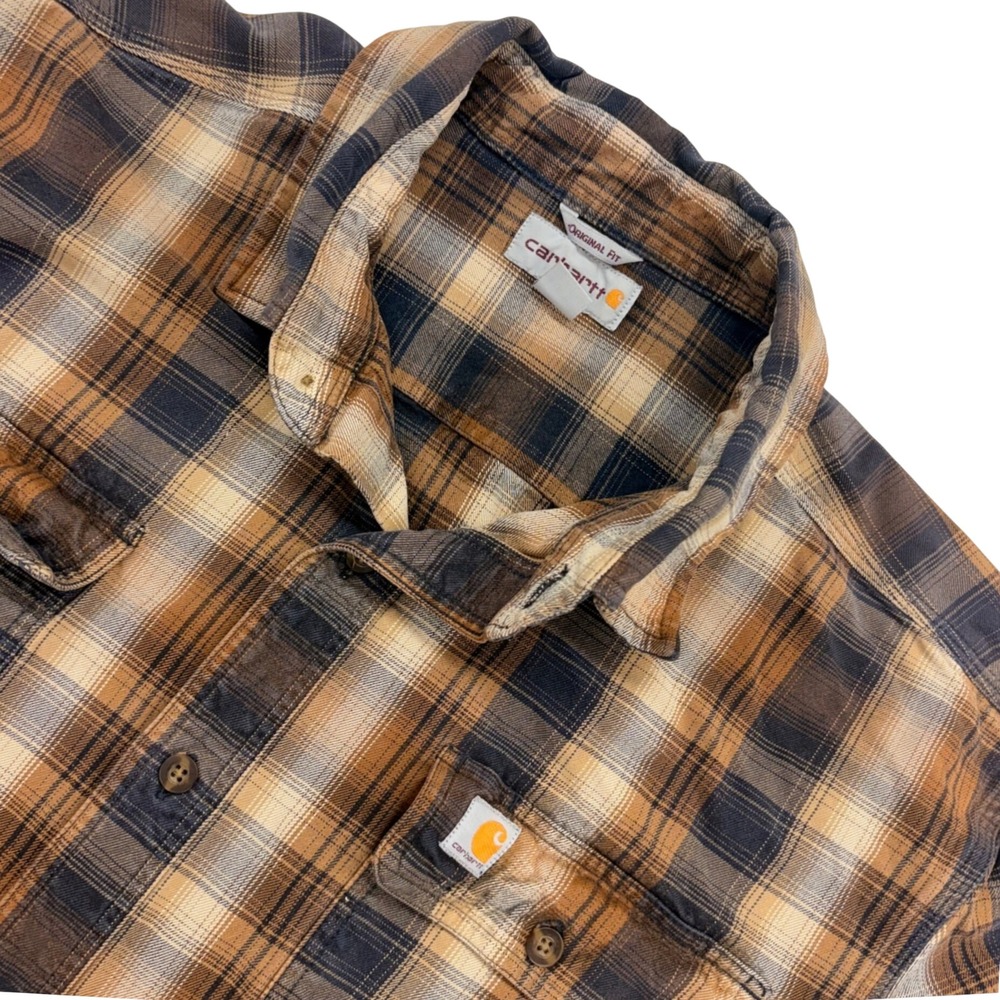 Carhartt Mens XL Original Fit Plaid Flannel Button Down Shirt Brown Tan Long Slv